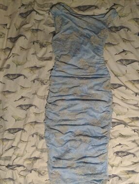 Thirty Thirty Blue Mesh Velvet Burnout Ruched Dress Asymmetrical Neckline Size M
